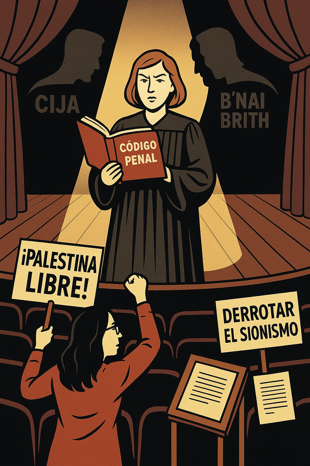 En el teatro judicial canadiense, Dallas Brodie interpreta la censura bajo el foco de las instituciones sionistas, mientras Charlotte Kates, firme en la resistencia, se niega a abandonar el escenario.